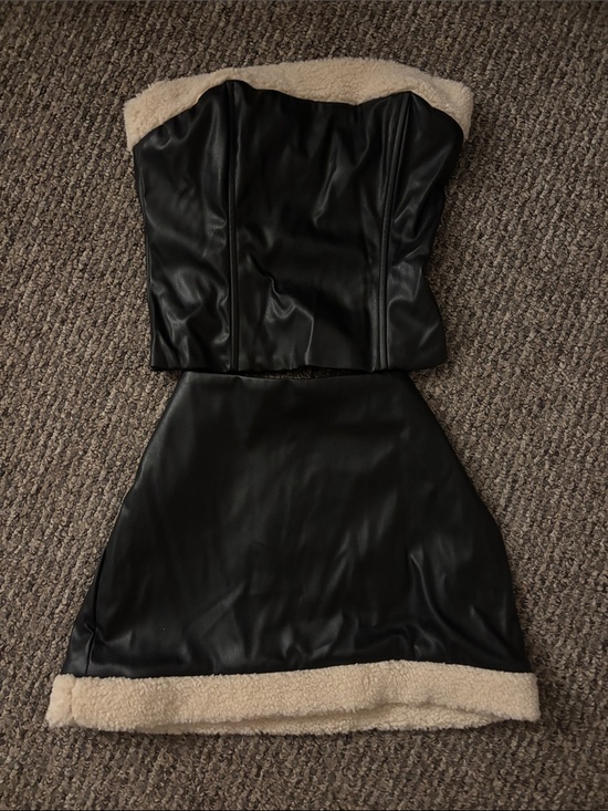 Lauras Boutique Dresses & Skirts - Black Faux Leather Mini Skirt with Cream Shearling Trim Top/Never Worn,Brand New